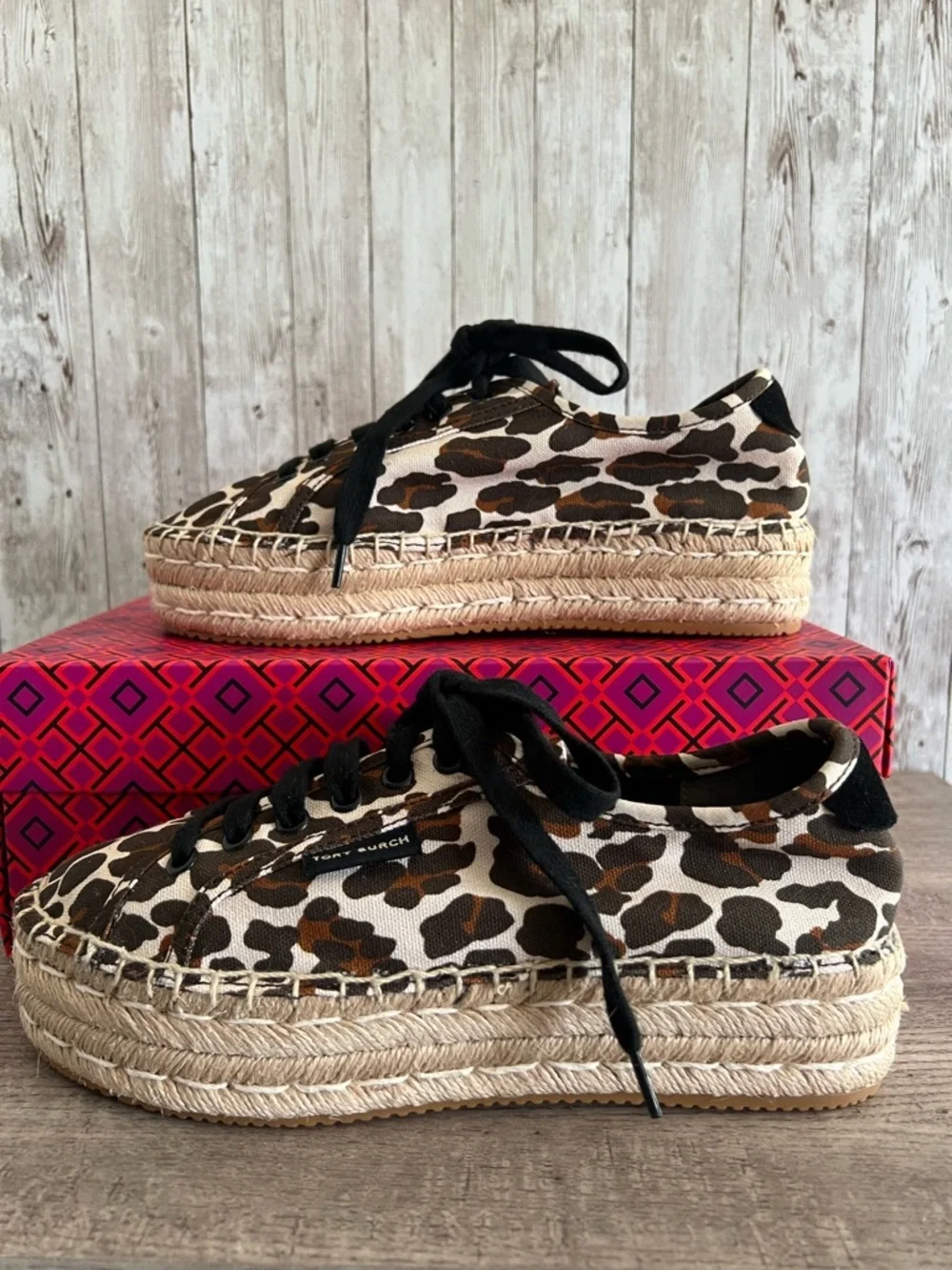 Tory Burch Seaside Oxford Reva Leopard-Print Espadrille Platform Sneakers Size 7